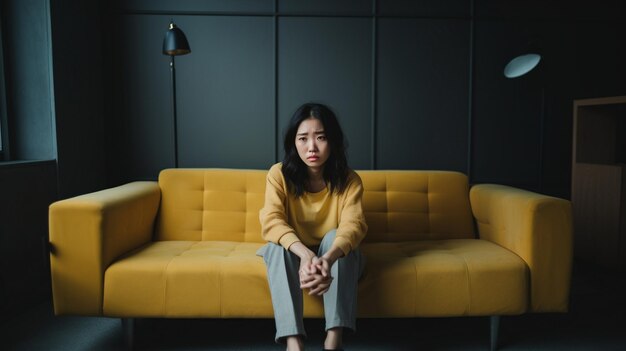 une femme est assise sur un canapé jaune dans une pièce sombre.