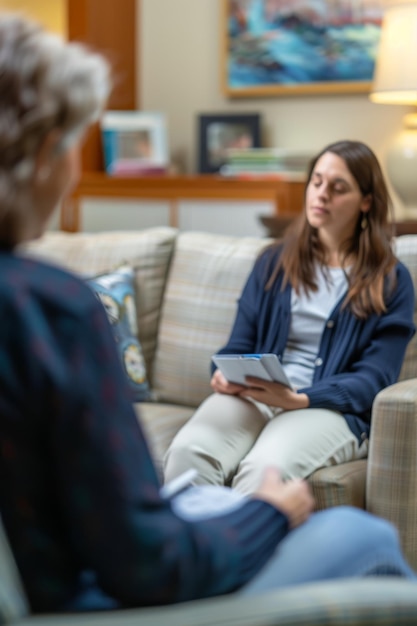 Photo une femme est assise sur un canapé avec un livre sur ses genoux