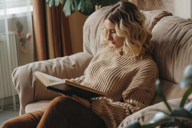 Une femme est assise sur le canapé à la maison et lit une photo de livre dans une atmosphère familiale