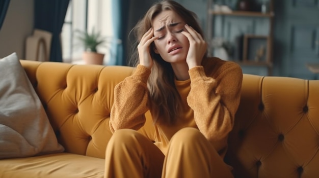 Une femme est assise sur un canapé avec un mal de tête