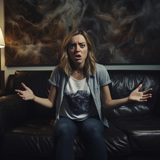 Photo une femme est assise sur un canapé avec ses mains dans sa bouche