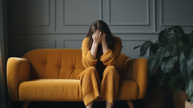 Une femme est assise sur un canapé avec ses mains sur son visage