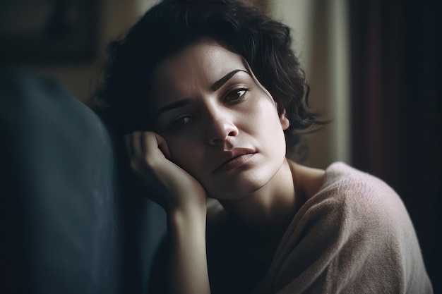 Une femme est assise sur un canapé, la tête appuyée sur sa main.