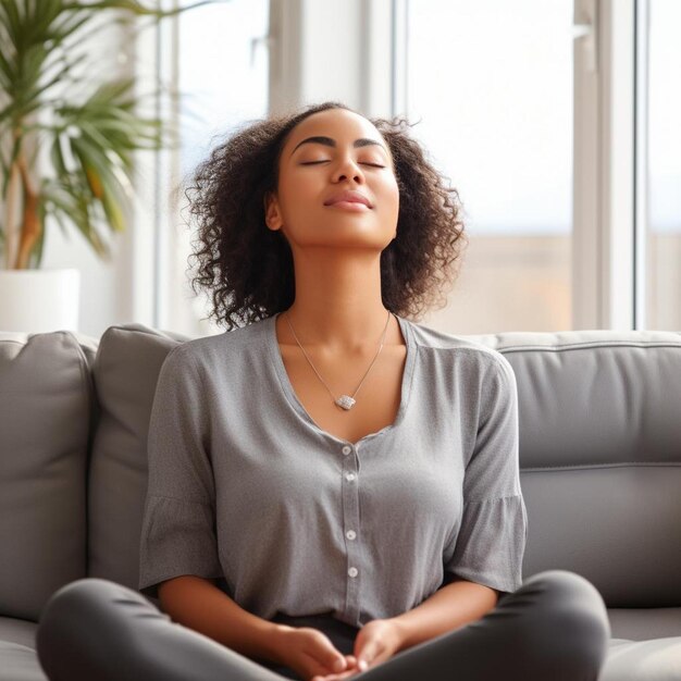 Photo une femme est assise sur un canapé avec les yeux fermés