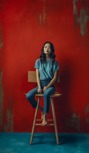 Une femme est assise sur une chaise devant un mur rouge.