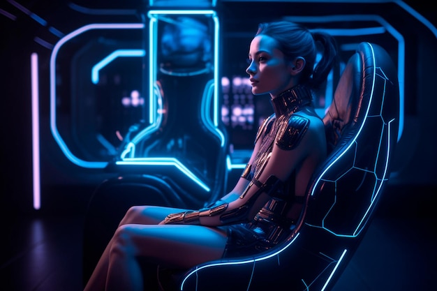 Une femme est assise sur une chaise futuriste avec une enseigne au néon qui dit "cyberpunk"
