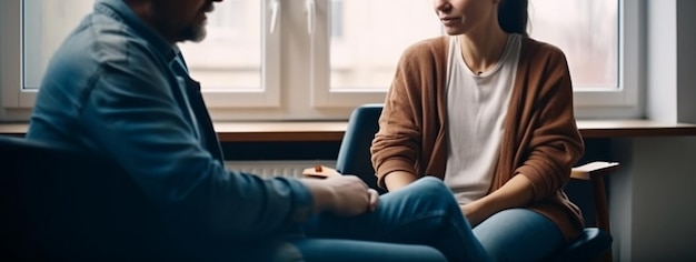 Une femme est assise sur une chaise avec un homme qui parle à son IA générative