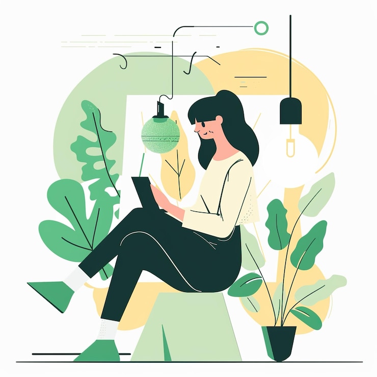 Photo une femme est assise sur une chaise avec un ordinateur portable et une plante en arrière-plan