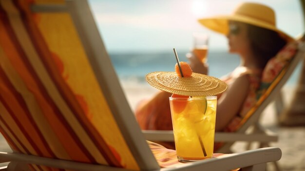 Une femme est assise sur une chaise de plage avec un chapeau de paille et un verre de jus d'orange.