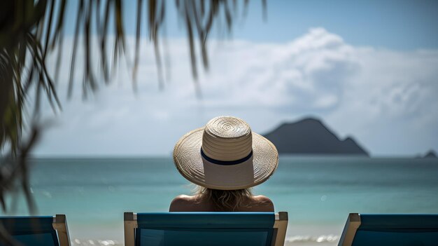 Une femme est assise sur une chaise de plage face à l'océan.