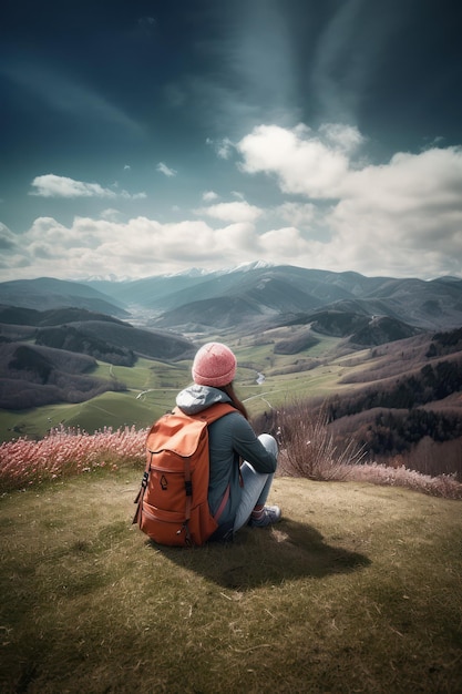 Une femme est assise sur une colline avec un sac à dos et regarde une vallée en contrebas.