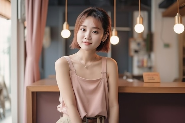 Une femme est assise sur un comptoir dans un café, vêtue d'un haut rose.