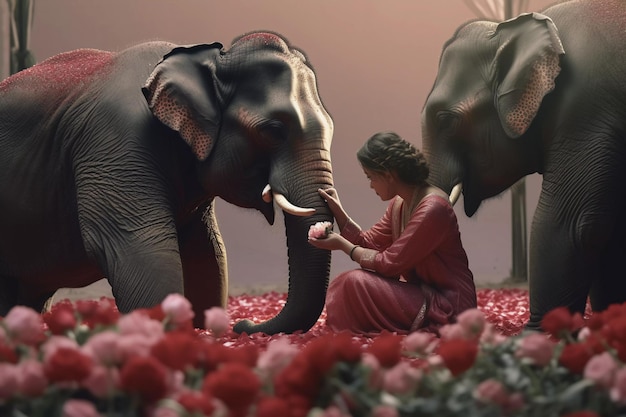 Une femme est assise à côté d'un éléphant avec des fleurs dans les mains.