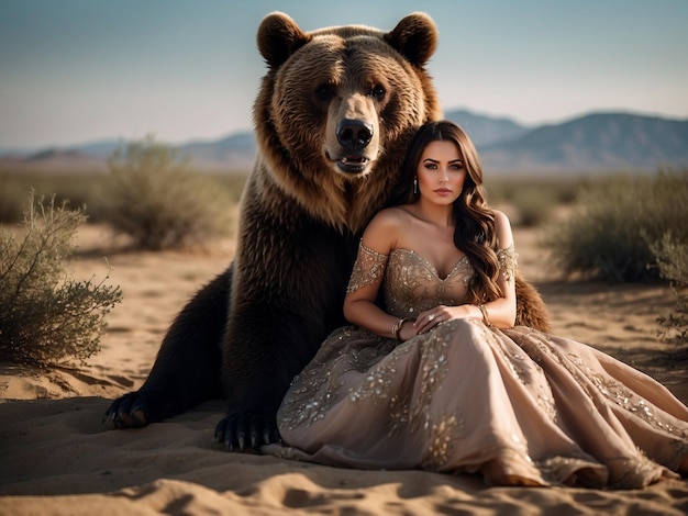 Une femme est assise à côté d'un ours.