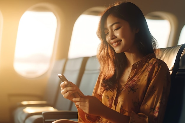 Une femme est assise dans un avion et sourit à la caméra