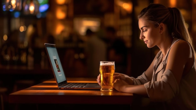 une femme est assise dans un bar avec un ordinateur portable et une bière à la main.