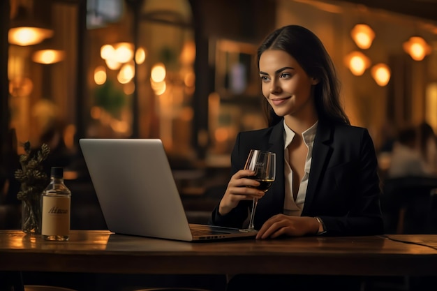 Une femme est assise dans un bar avec un ordinateur portable et boit un verre de vin.