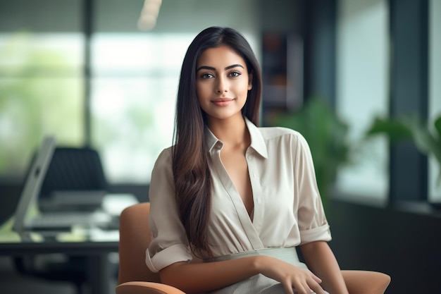 Une femme est assise dans un bureau avec un bureau en arrière-plan.