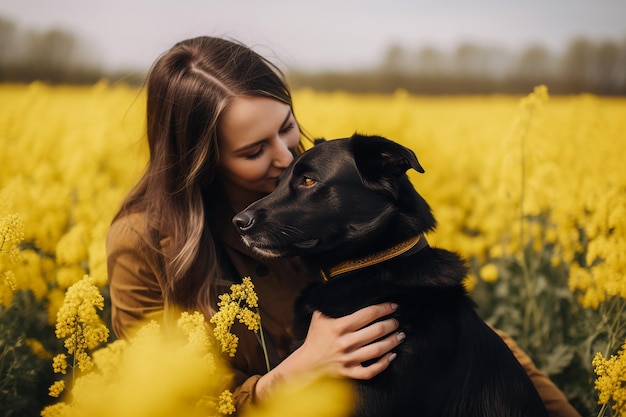 Une femme est assise dans un champ de fleurs avec son chien noir