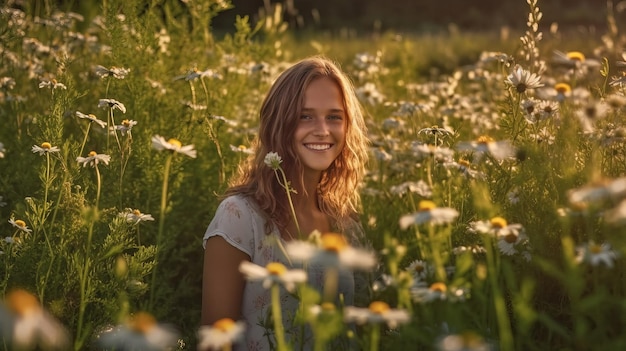 Une femme est assise dans un champ de fleurs