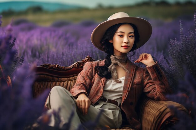 Une femme est assise dans un champ de lavande devant un ciel violet.