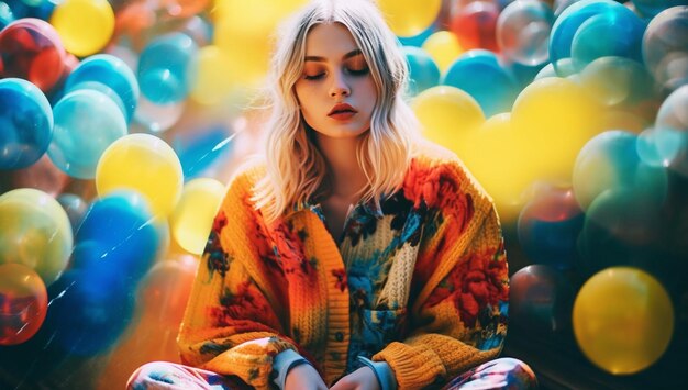 Une femme est assise dans une couverture colorée dans un tas de ballons.