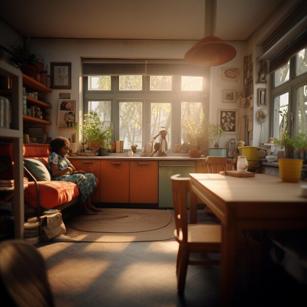 une femme est assise dans une cuisine avec une table et une fenêtre avec vue sur l'extérieur.