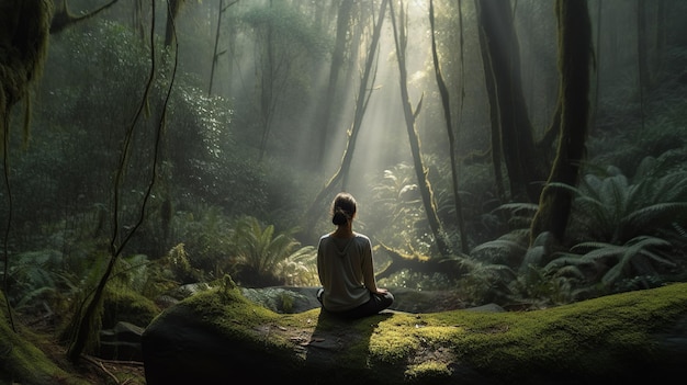 Une femme est assise dans une forêt avec le soleil qui brille à travers les arbres.