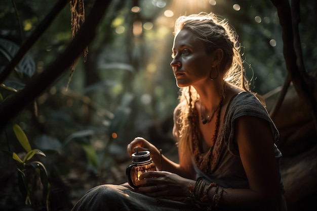 Une femme est assise dans la forêt et tient un pot de miel.