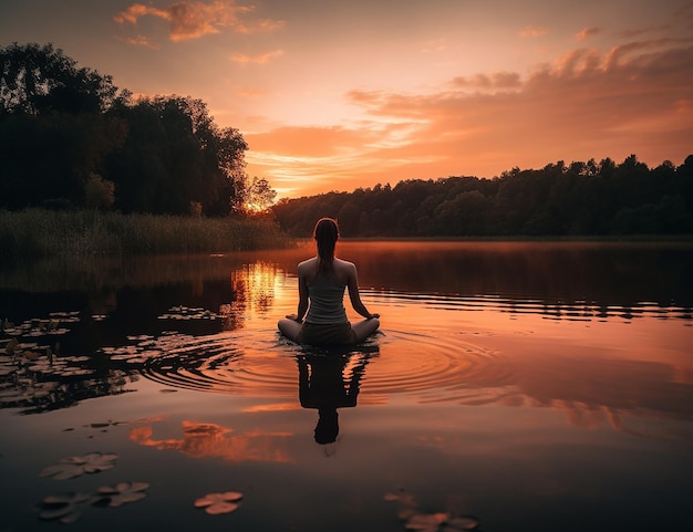 Une femme est assise dans un lac devant un coucher de soleil.