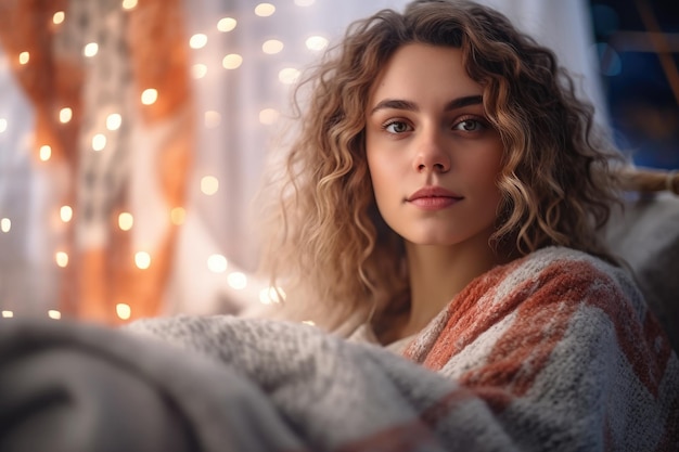 Une femme est assise dans un lit avec une couverture