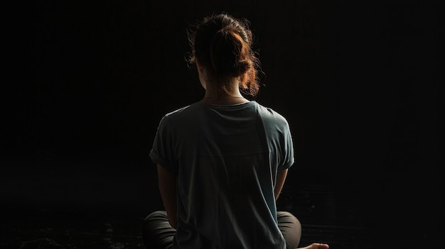 Une femme est assise dans le noir avec le dos à la caméra