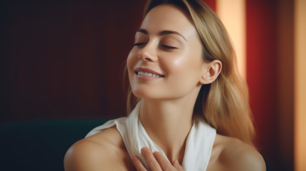 Une femme est assise dans une pièce avec une chemise blanche sur le cou et sourit.