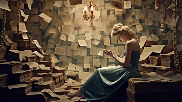 Photo une femme est assise dans une pièce pleine de papiers et lit une lettre.