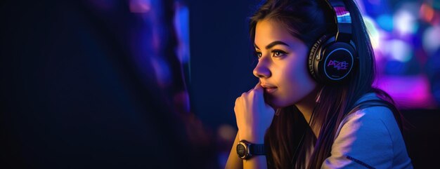 Une femme est assise dans une pièce sombre et regarde un écran d'ordinateur.