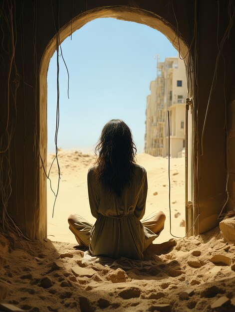 Photo une femme est assise dans une porte en regardant les dunes de sable