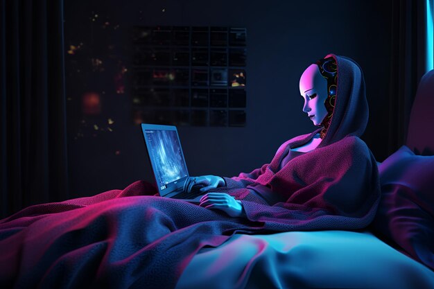 Une femme est assise dans son lit avec un ordinateur portable devant elle.
