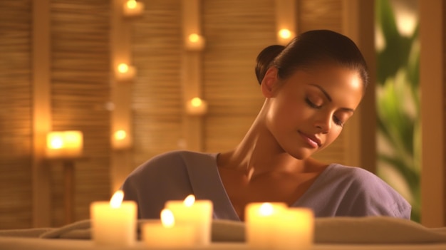 Une femme est assise dans un spa avec des bougies devant elle.