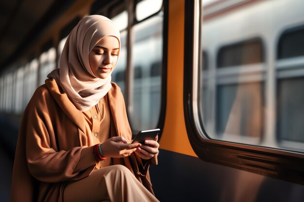 Photo une femme est assise dans un train et regarde son téléphone.