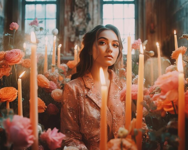 Une femme est assise devant un bouquet de fleurs