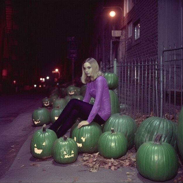 Photo une femme est assise devant une citrouille qui dit gourmet.