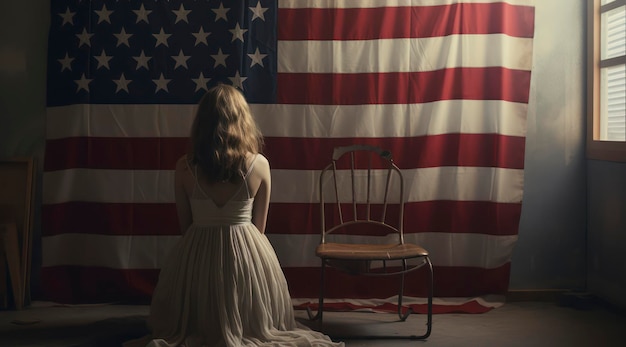 Une femme est assise devant un drapeau avec une chaise devant.