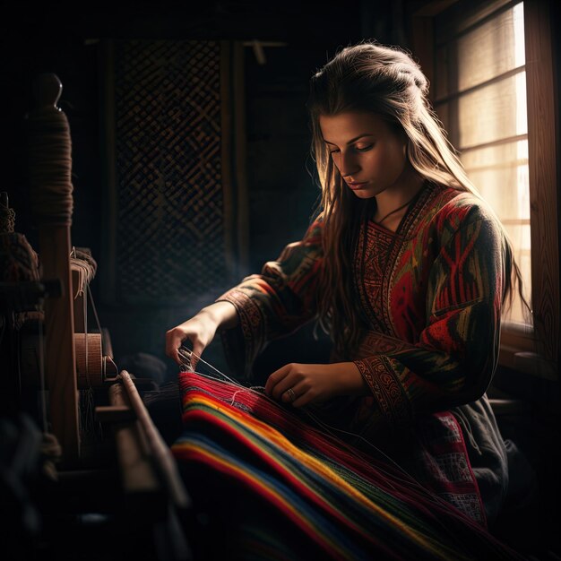 une femme est assise devant une fenêtre avec une couverture rayée