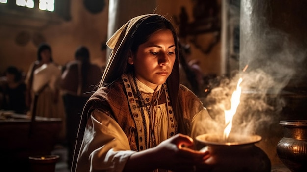 Une femme est assise devant un feu avec un bol de nourriture dans les mains.