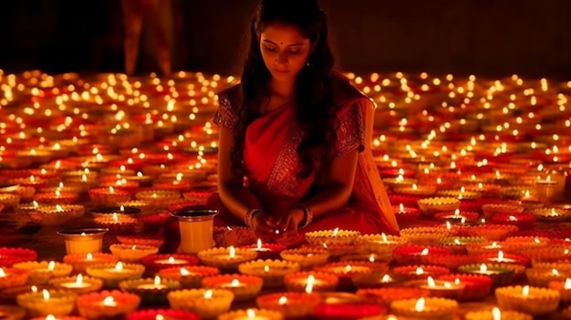 Une femme est assise devant une lampe allumée avec le mot diwali dessus.