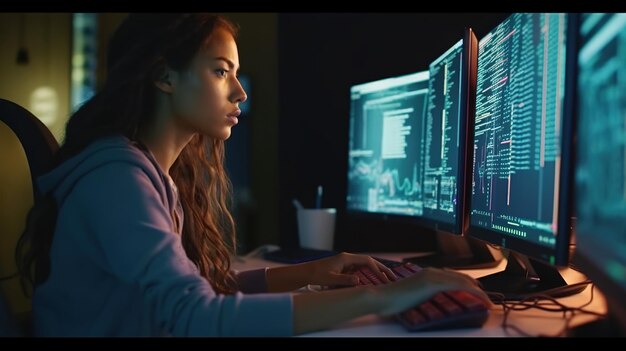 Une femme est assise devant un ordinateur devant un écran qui dit "cybersécurité"