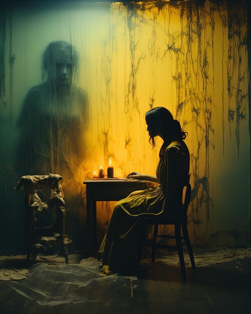 Une femme est assise devant une table avec un fantôme dessus.