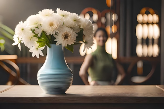 une femme est assise devant un vase avec des fleurs devant elle.