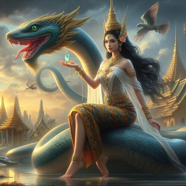 une femme est assise sur un dragon avec un dragon dans sa main