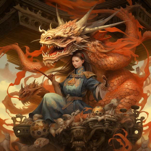 Une femme est assise sur un dragon avec un dragon sur le dos.